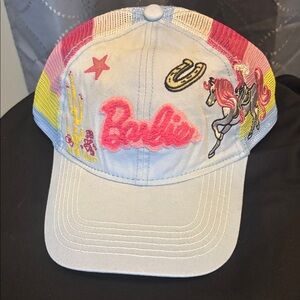 Barbie pastel rainbow mesh cap with pink logo and multicolor embroidery